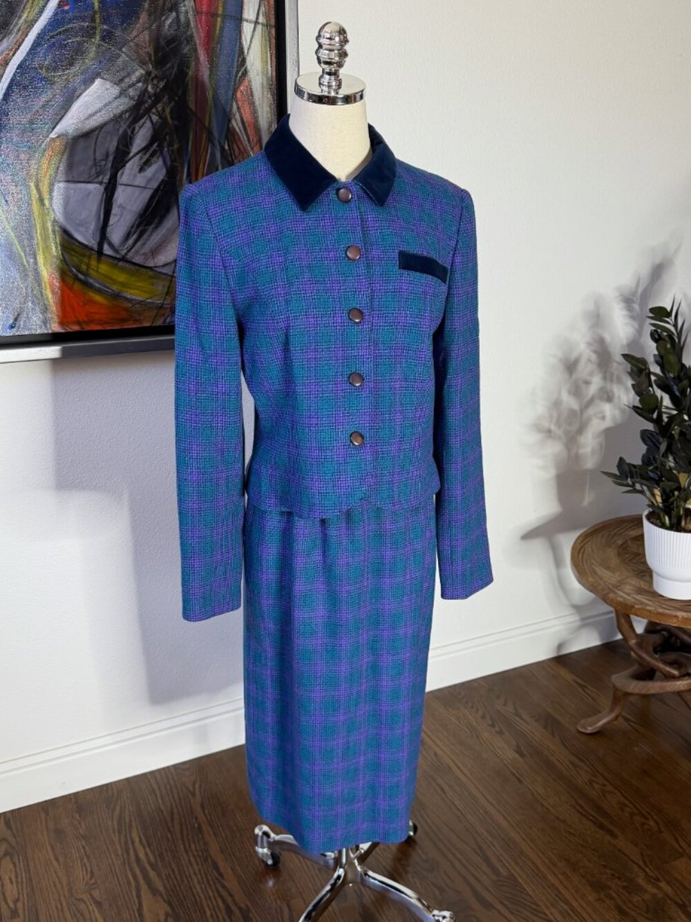 Vintage Pendleton Petite 100% Wool 2-Piece Skirt Suit Teal & Purple Sz 10